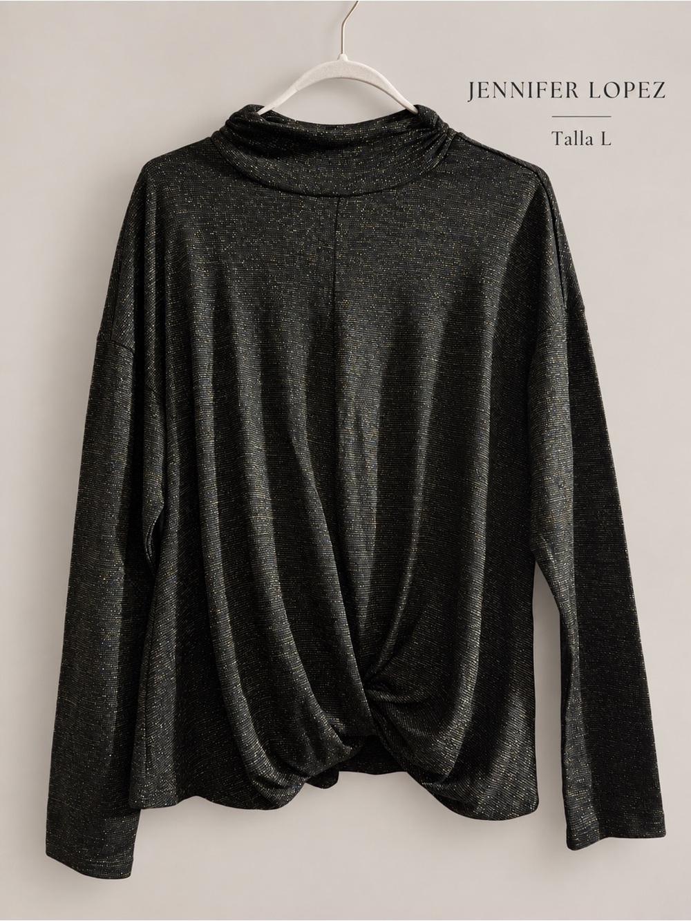 Jennifer Lopez Black Metallic Twist-Front Turtleneck Sweater